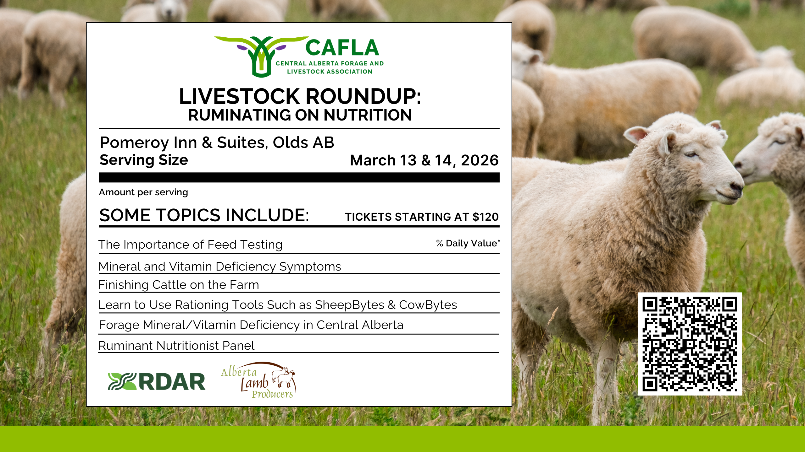 Central Alberta Forage and Livestock Association Livestock Roundup event banner featuring sheep and a preview of the agenda topics